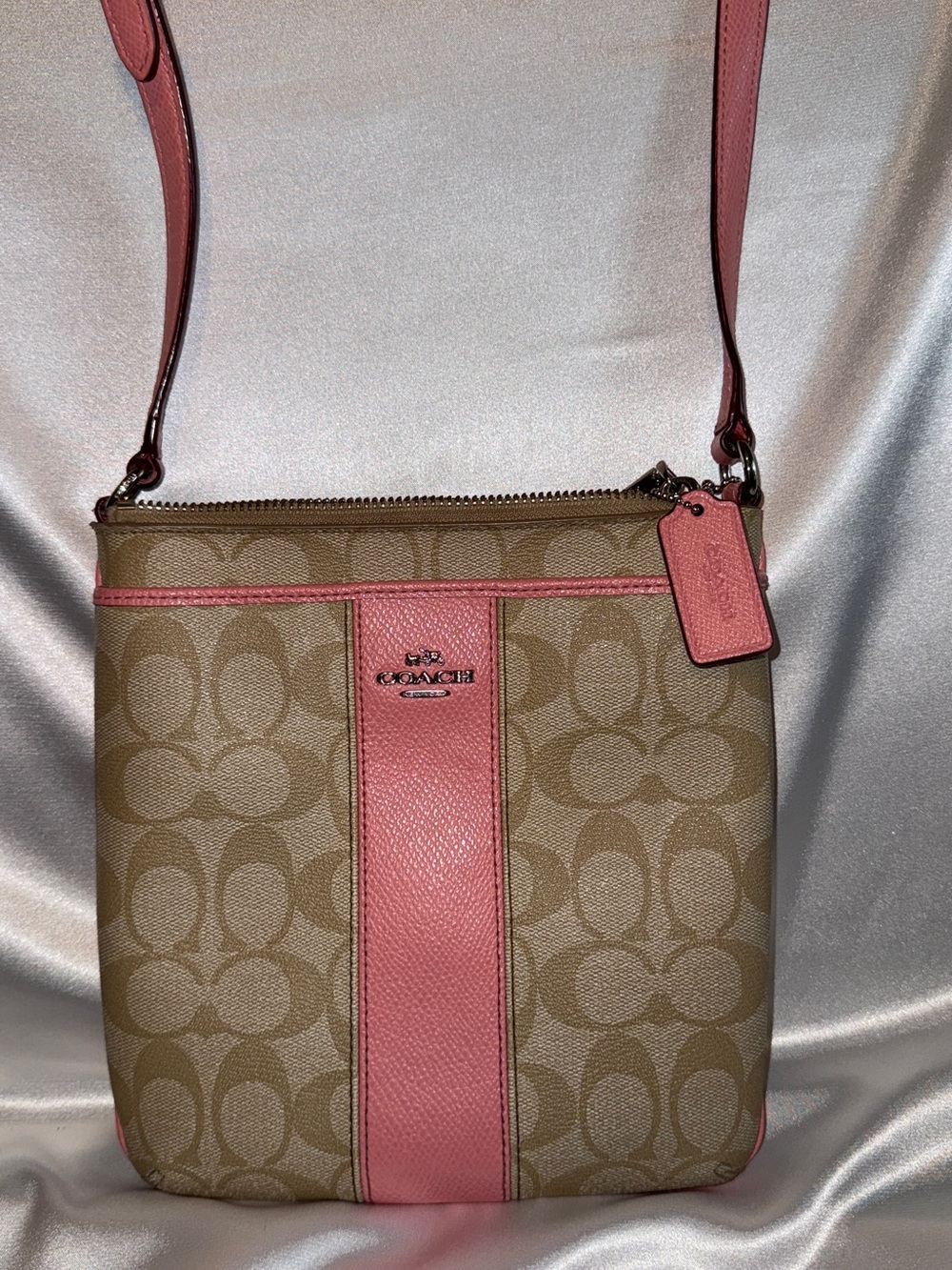 Coach Tan Signature Crossbody with Pink Accents